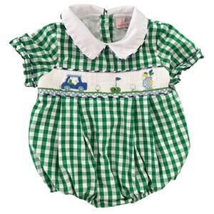 Smockingbird Baby Romper 12M – Green Gingham Golf Smocked Outfit, Cotton